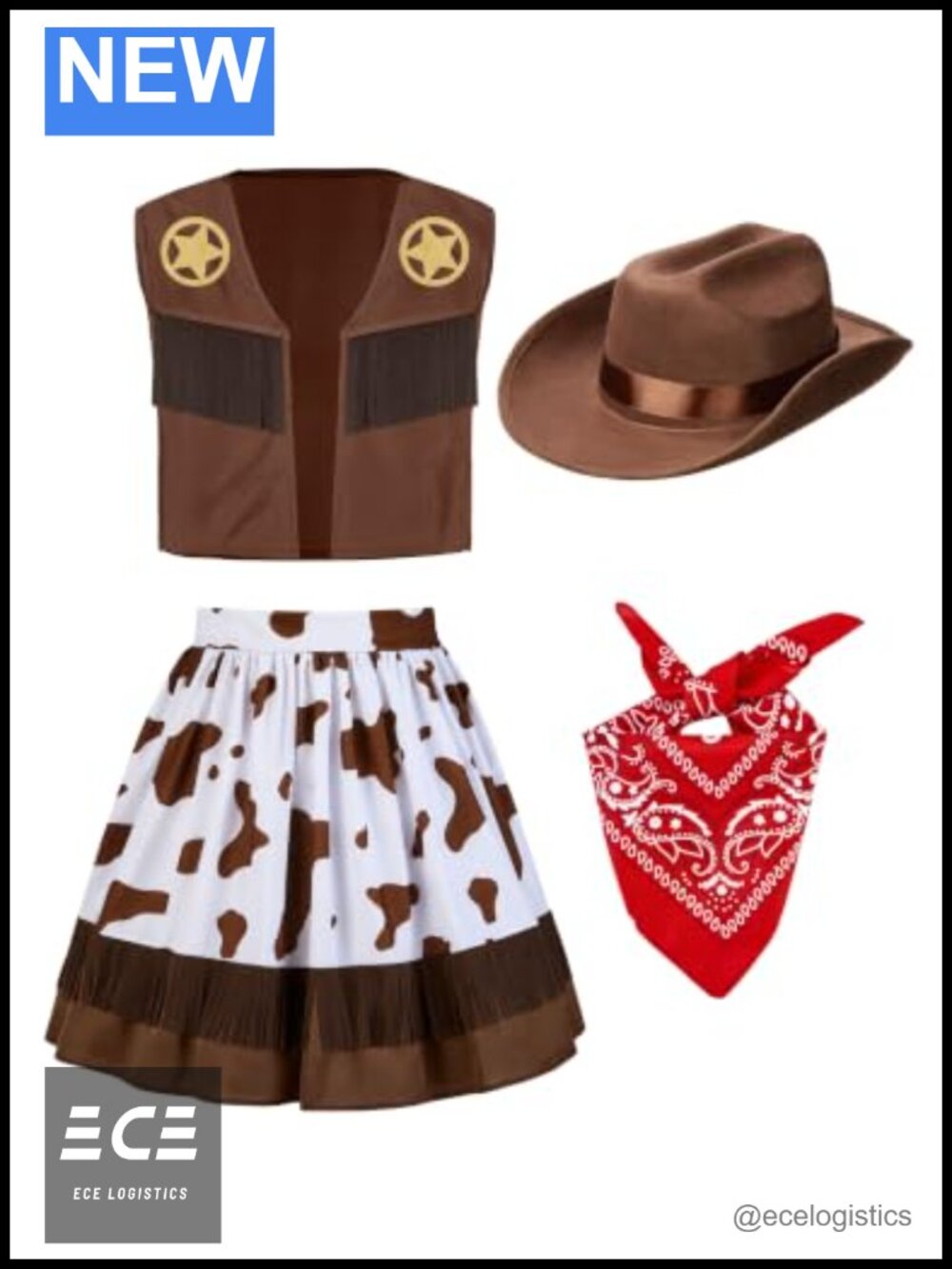 Girls Cowgirl Costume Set Vest Skirt Scarf Hat Polyester Halloween
